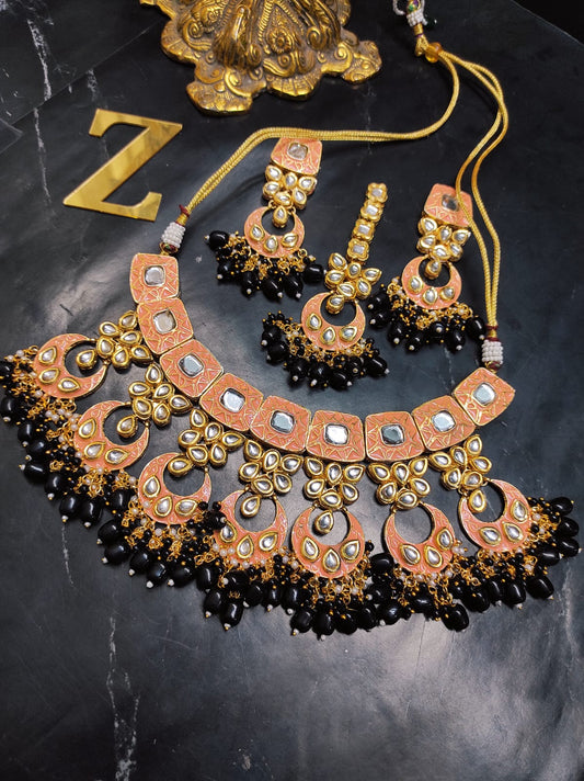 Zevar Jewelry ZEVAR | Meenakari Work Kundan Choker Necklace  Earrings with Maantikka 08