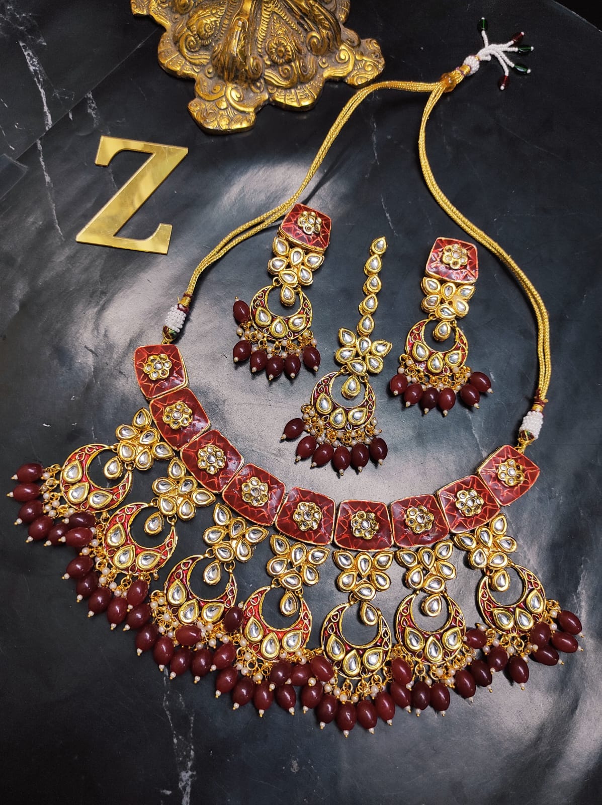 Zevar Jewelry ZEVAR | Meenakari Work Kundan Choker Necklace  Earrings with Maantikka 09