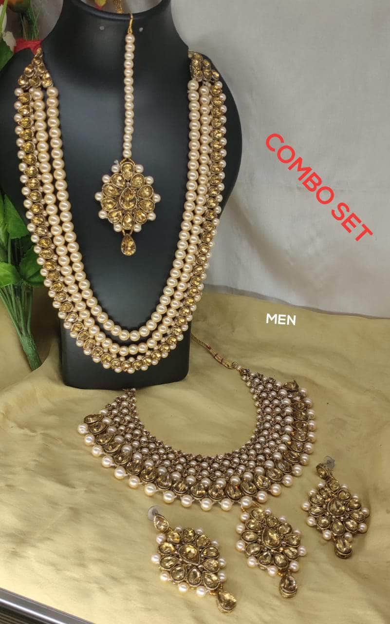 Zevar Long necklace Gold Toned & Pearls Jewellery Combo Set By Zevar