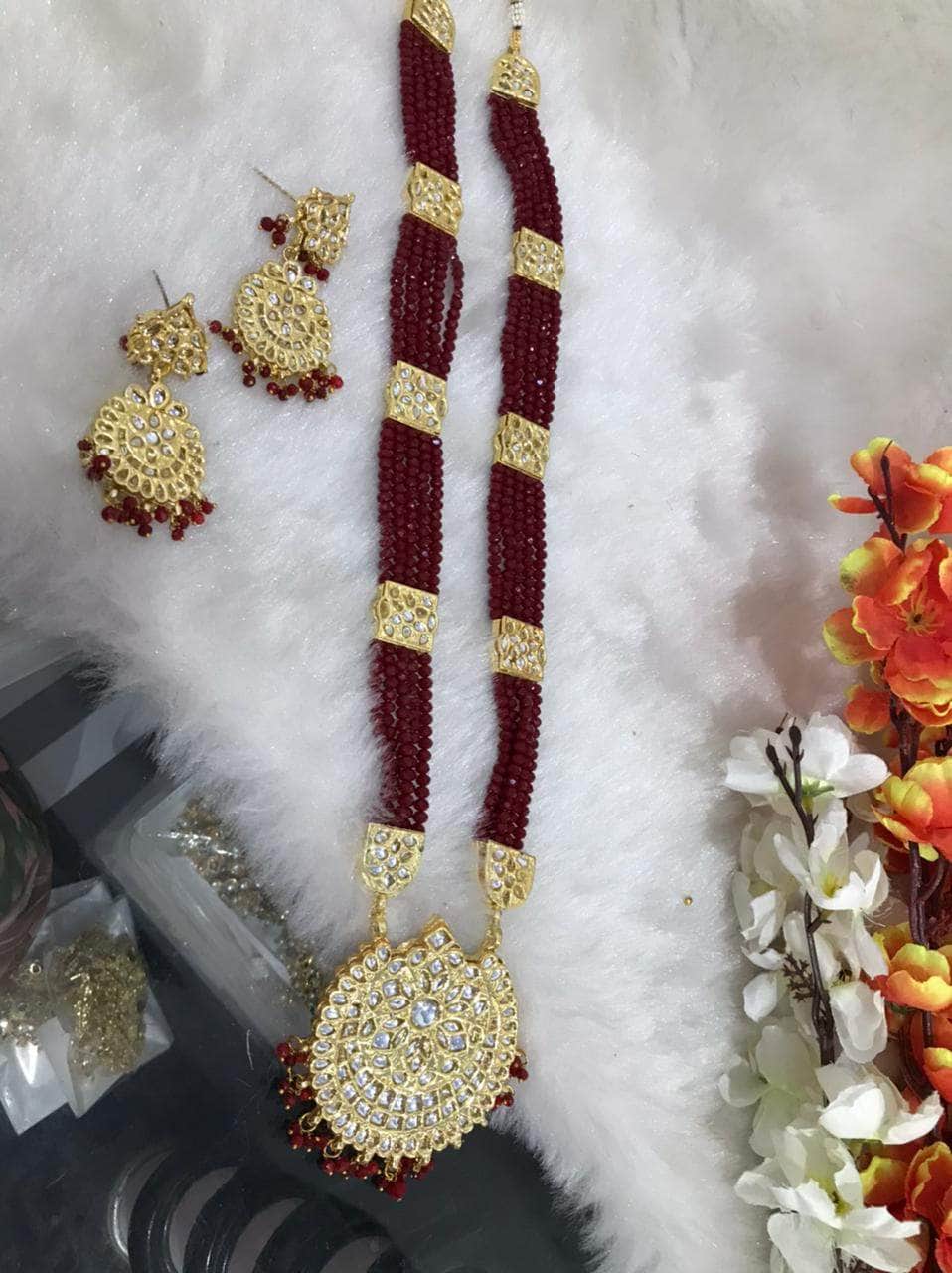 Zevar Long necklace Kundan Mehroon Pearl Long Set By Zevar
