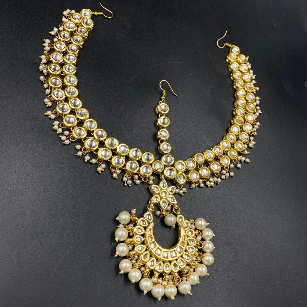 Zevar Maangtikka Gold Finished Kundan Emerald Matha Patti | Punjabi Traditional Jewellery By Zevar.