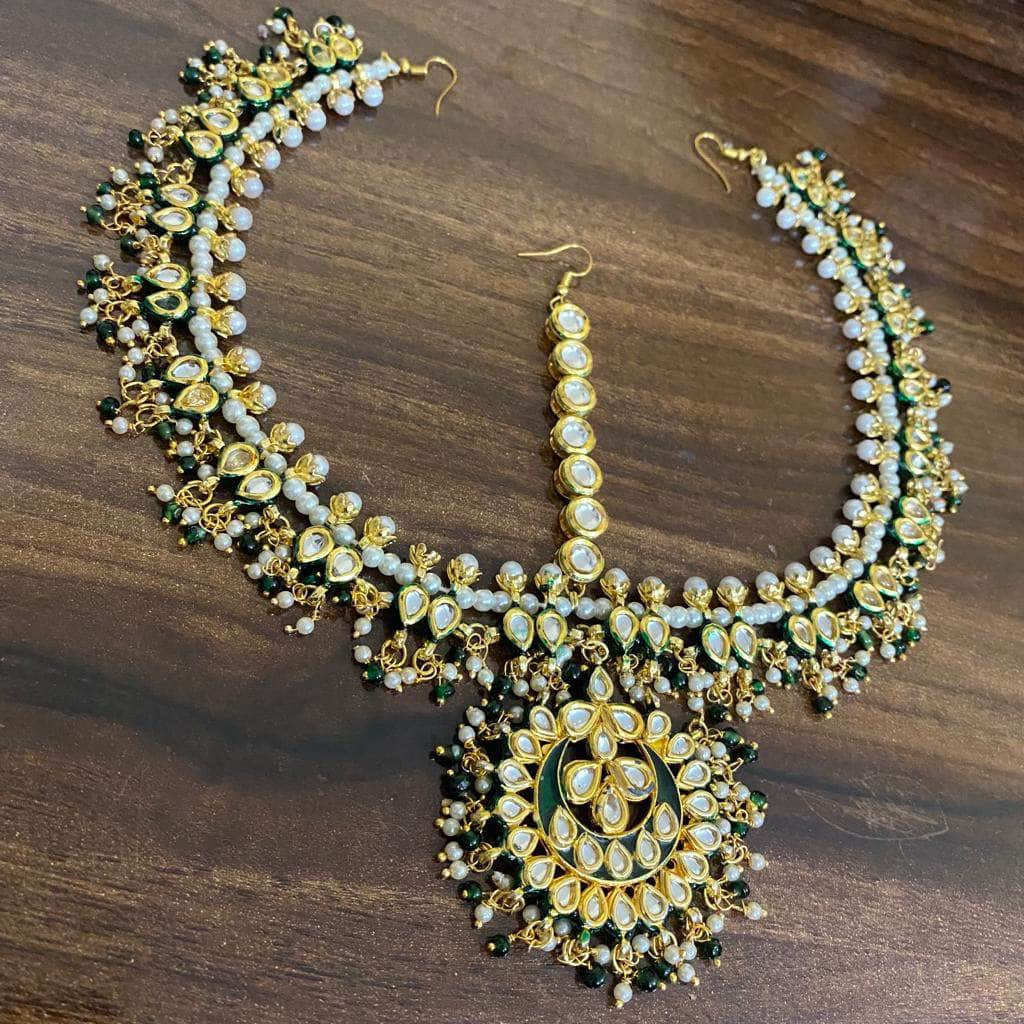 Zevar Maangtikka Gold-Plated White & Green Kundan-Studded & Pearl Beaded Handcrafted Matha Patti By Zevar