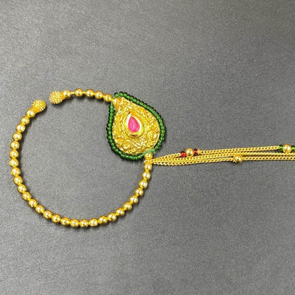 Zevar Nath Gold-Plated & Green Kundan-Studded Pearl Beaded Chained Bridal Nose Pin By Zevar
