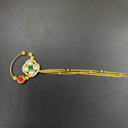 Zevar Nath Gold-Plated & Green Kundan-Studded Pearl Beaded Chained Bridal Nose Pin By Zevar