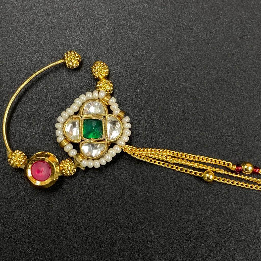 Zevar Nath Gold-Plated & Green Kundan-Studded Pearl Beaded Chained Bridal Nose Pin By Zevar