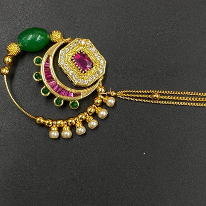 Zevar Nath Gold-Plated & Green Kundan-Studded Pearl Beaded Chained Bridal Nose Pin By Zevar