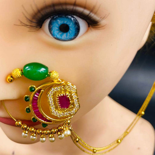 Zevar Nath Gold-Plated & Green Kundan-Studded Pearl Beaded Chained Bridal Nose Pin By Zevar