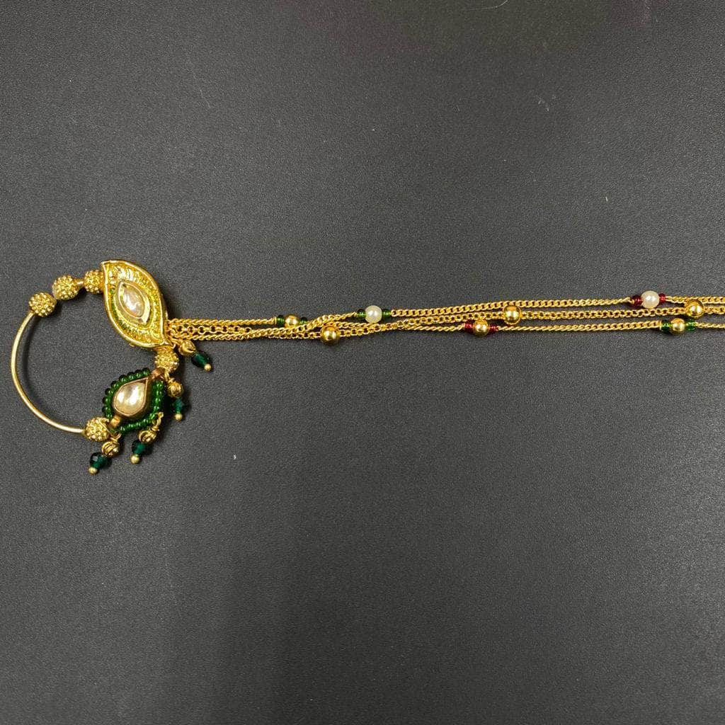 Zevar Nath Gold-Plated & Green Kundan-Studded Pearl Beaded Chained Bridal Nose Pin By Zevar