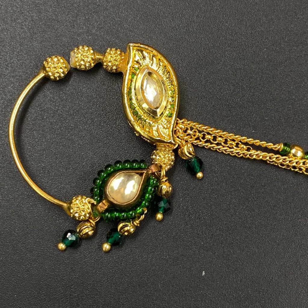 Zevar Nath Gold-Plated & Green Kundan-Studded Pearl Beaded Chained Bridal Nose Pin By Zevar