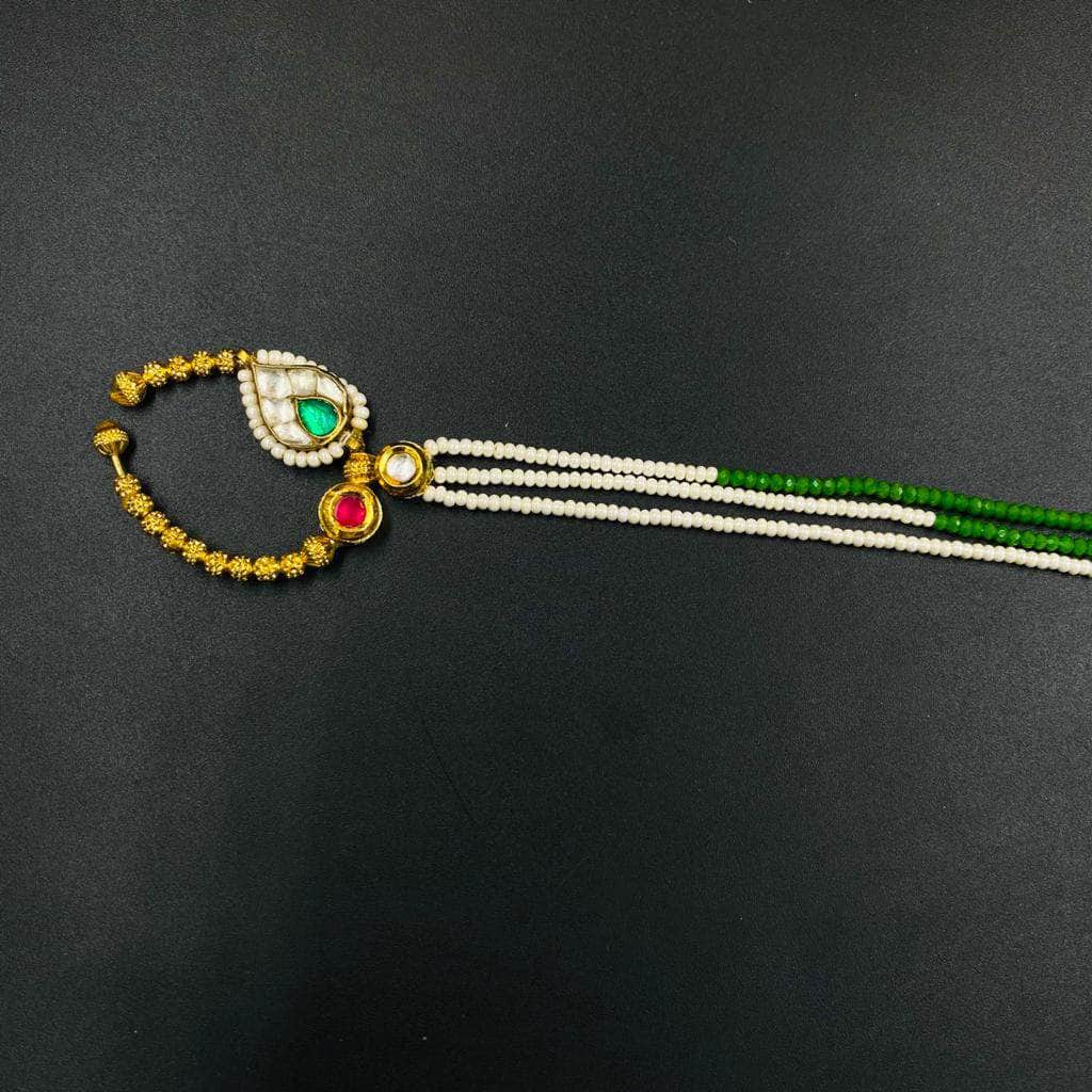 Zevar Nath Gold-Plated & Green Kundan-Studded Pearl Beaded Chained Bridal Nose Pin By Zevar