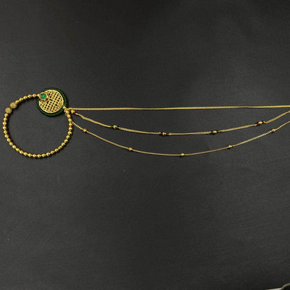 Zevar Nath Gold Plated & Green Pearl studded Chained Bridal Nose Pin By Zevar