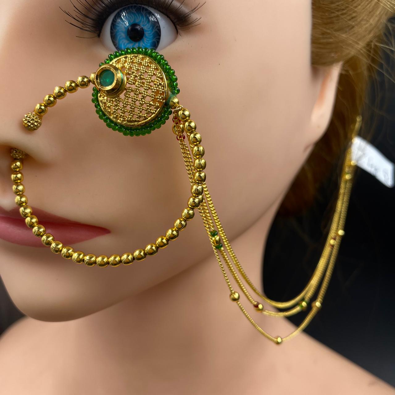 Zevar Nath Gold Plated & Green Pearl studded Chained Bridal Nose Pin By Zevar