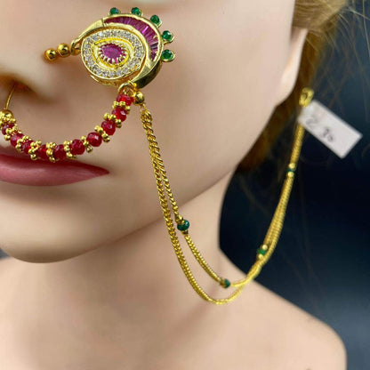 Zevar Nath Gold-Plated & Mehroon -Studded Pearl Chained Bridal Nose Pin By Zevar