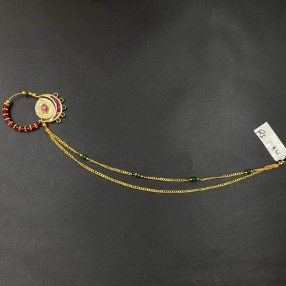Zevar Nath Gold-Plated & Mehroon -Studded Pearl Chained Bridal Nose Pin By Zevar