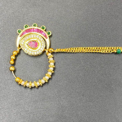 Zevar Nath Gold-Plated & Pink Kundan-Studded Pearl Beaded Chained Bridal Nose Pin By Zevar