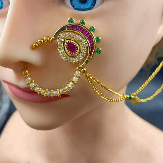 Zevar Nath Gold-Plated & Pink Kundan-Studded Pearl Beaded Chained Bridal Nose Pin By Zevar