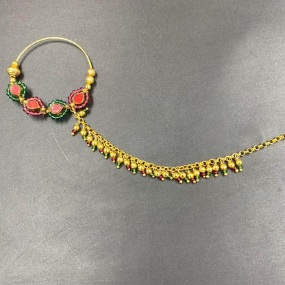 Zevar Nath Gold-Plated & Red Kundan-Studded Pearl Beaded Chained Bridal Nose Pin By Zevar