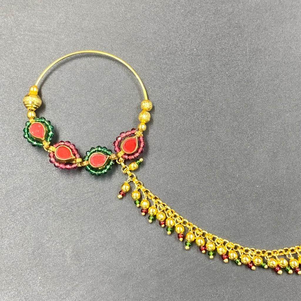 Zevar Nath Gold-Plated & Red Kundan-Studded Pearl Beaded Chained Bridal Nose Pin By Zevar