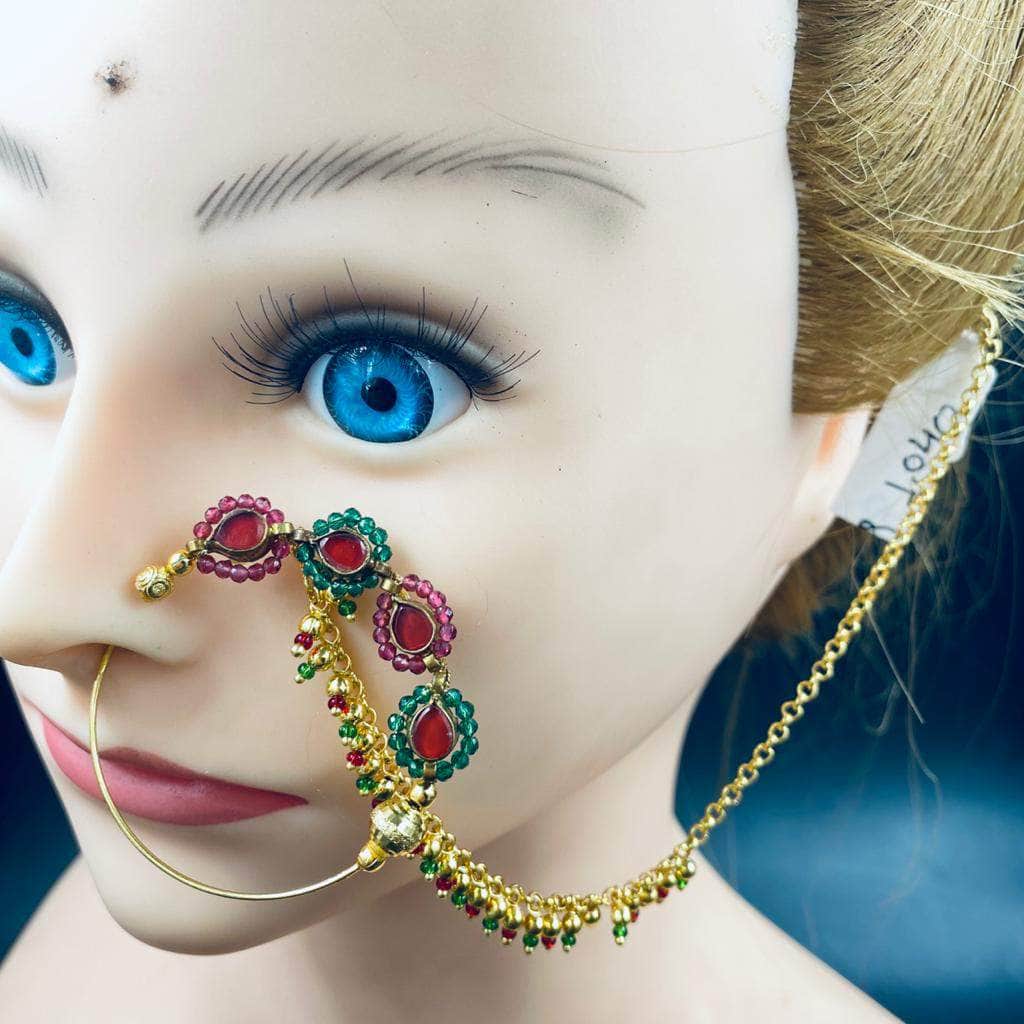 Zevar Nath Gold-Plated & Red Kundan-Studded Pearl Beaded Chained Bridal Nose Pin By Zevar