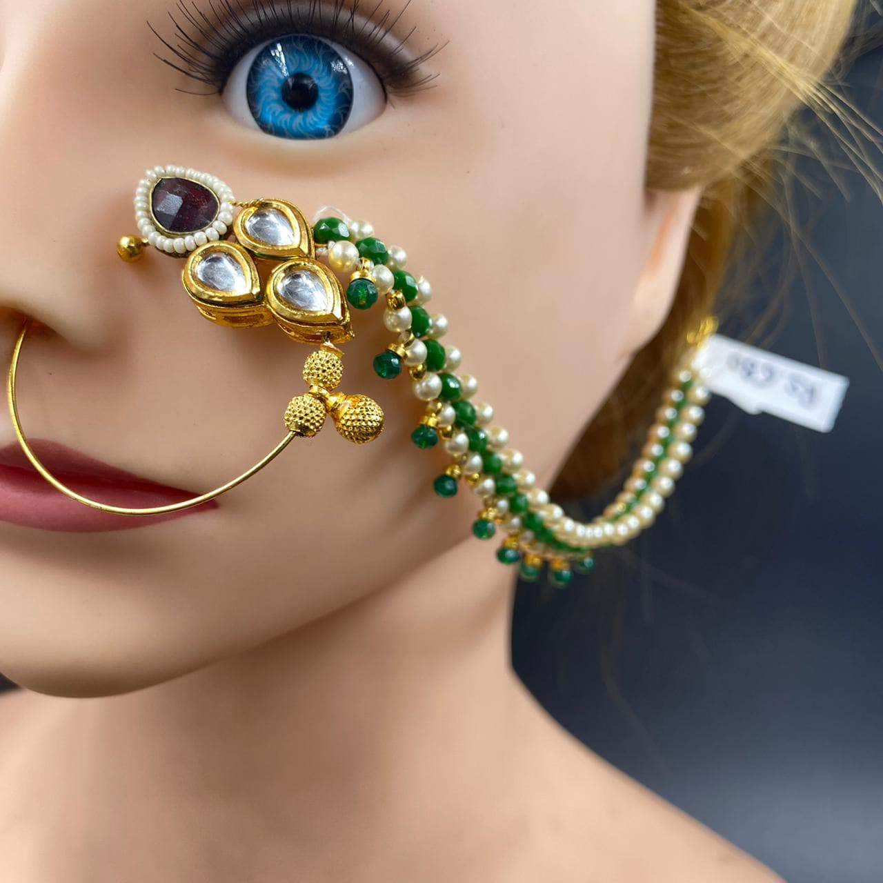 Zevar Nath Gold-Plated White & Green Kundan-Studded Pearl Beaded Chained Bridal Nose Pin By Zevar