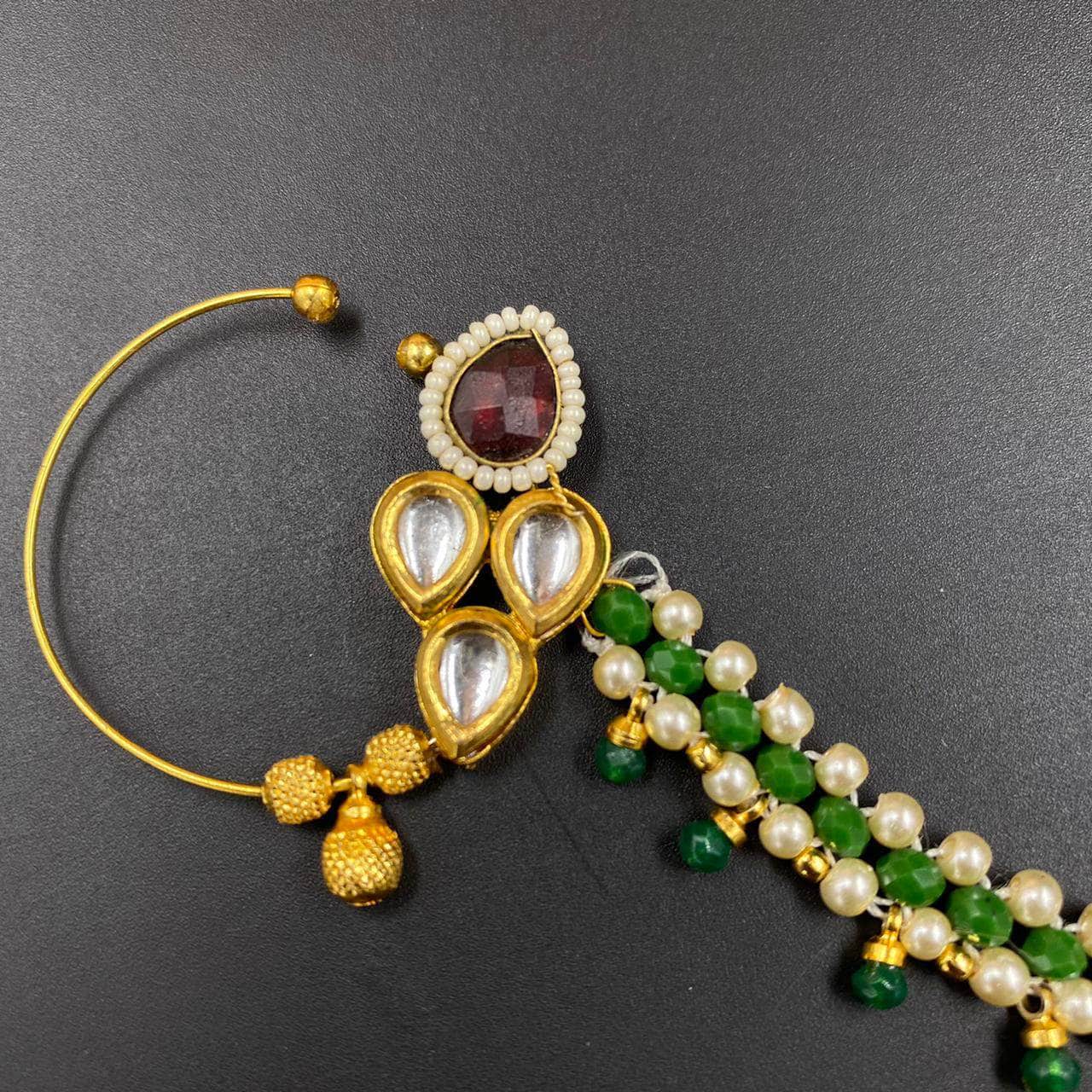 Zevar Nath Gold-Plated White & Green Kundan-Studded Pearl Beaded Chained Bridal Nose Pin By Zevar
