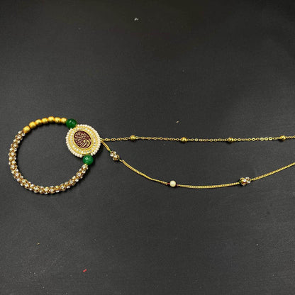 Zevar Nath Gold-Plated White & Green Pearl Beaded Chained Bridal Nose Pin By Zevar