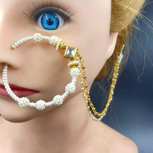 Zevar Nath Gold-Plated & White Kundan-Studded Chained Bridal Nose Pin By Zevar