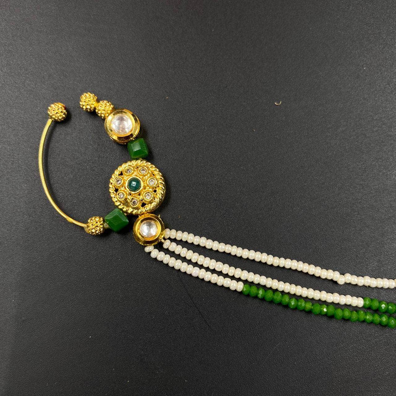 Zevar Nath Gold-Plated & White Kundan-Studded Green Pearl Chained Bridal Nose Pin By Zevar