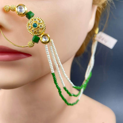 Zevar Nath Gold-Plated & White Kundan-Studded Green Pearl Chained Bridal Nose Pin By Zevar