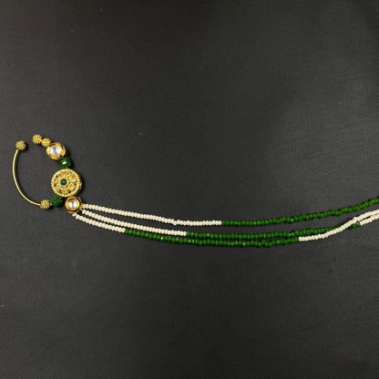 Zevar Nath Gold-Plated & White Kundan-Studded Green Pearl Chained Bridal Nose Pin By Zevar