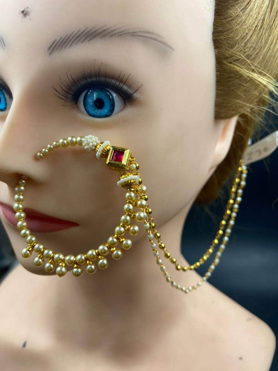 Zevar Nath Gold-Plated & White Kundan-Studded Pearl Beaded Chained Bridal Nose Pin By Zevar