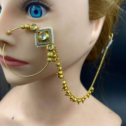 Zevar Nath Gold-Plated & White Kundan-Studded Pearl Beaded Chained Bridal Nose Pin By Zevar