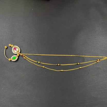 Zevar Nath Gold-Plated & White Kundan-Studded Pearl Beaded Chained Bridal Nose Pin By Zevar
