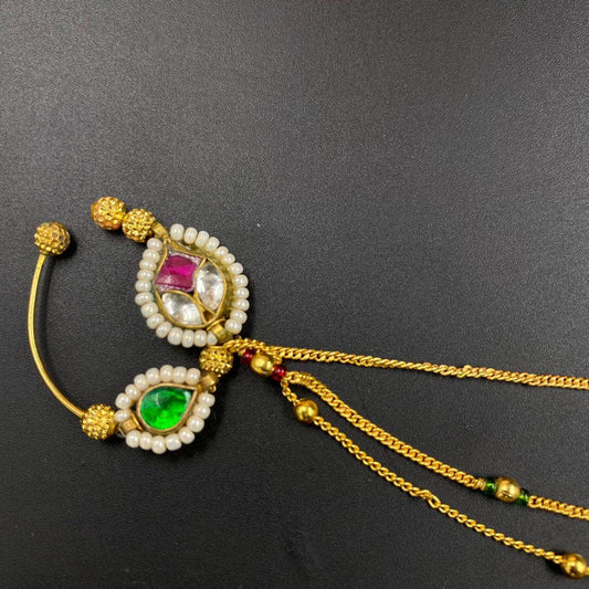 Zevar Nath Gold-Plated & White Kundan-Studded Pearl Beaded Chained Bridal Nose Pin By Zevar