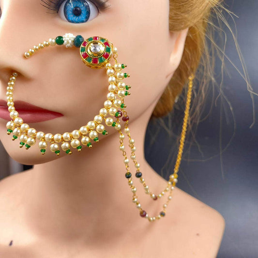 Zevar Nath Gold-Plated & White Kundan-Studded Pearl Beaded Chained Bridal Nose Pin By Zevar