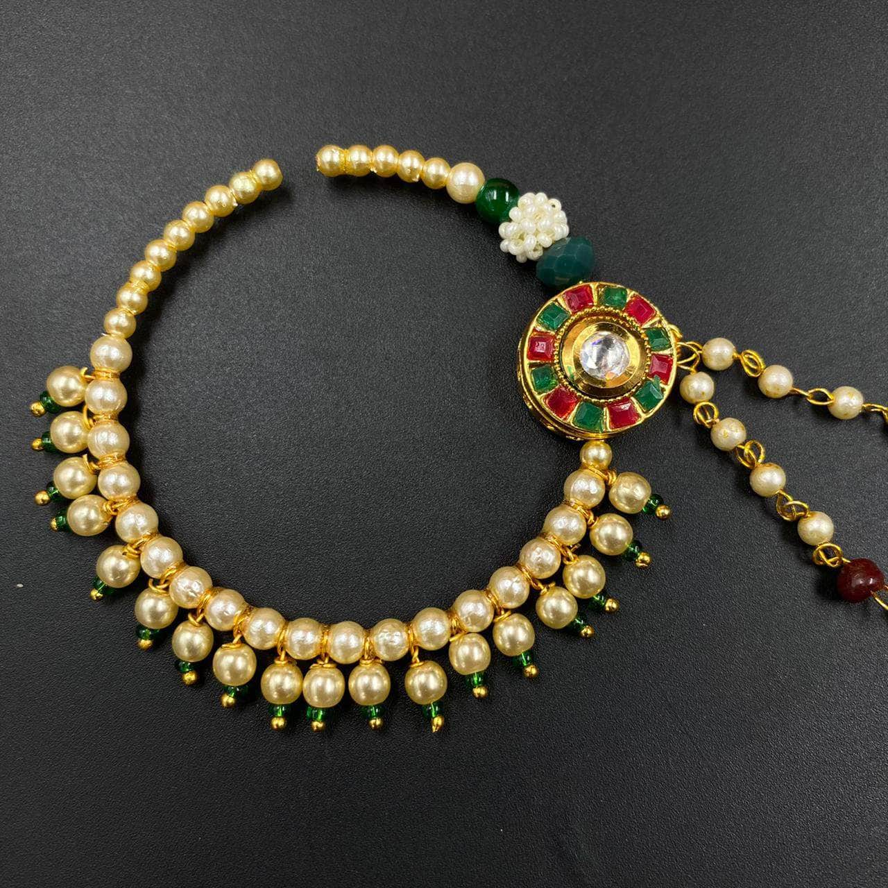 Zevar Nath Gold-Plated & White Kundan-Studded Pearl Beaded Chained Bridal Nose Pin By Zevar