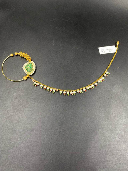 Zevar Nath Gold-Plated & White Kundan-Studded Pearl Beaded Chained Bridal Nose Pin By Zevar