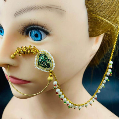 Zevar Nath Gold-Plated & White Kundan-Studded Pearl Beaded Chained Bridal Nose Pin By Zevar