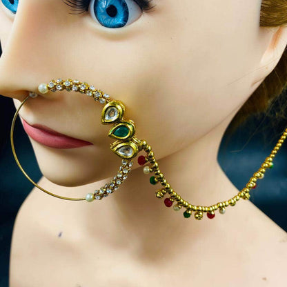 Zevar Nath Gold-Plated & White Kundan-Studded Pearl Beaded Chained Bridal Nose Pin By Zevar