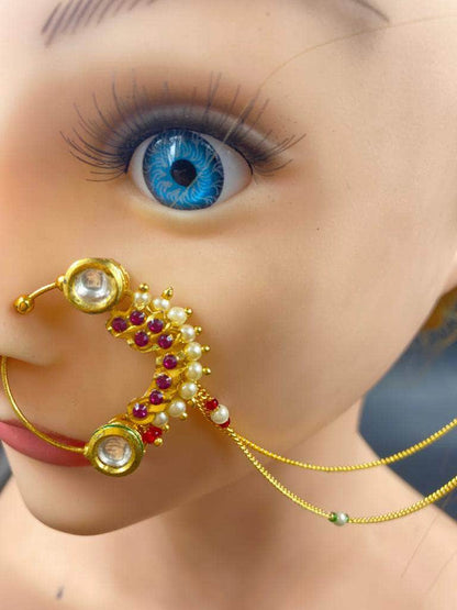 Zevar Nath Gold-Plated & White Kundan-Studded Pearl Beaded Chained Bridal Nose Pin By Zevar