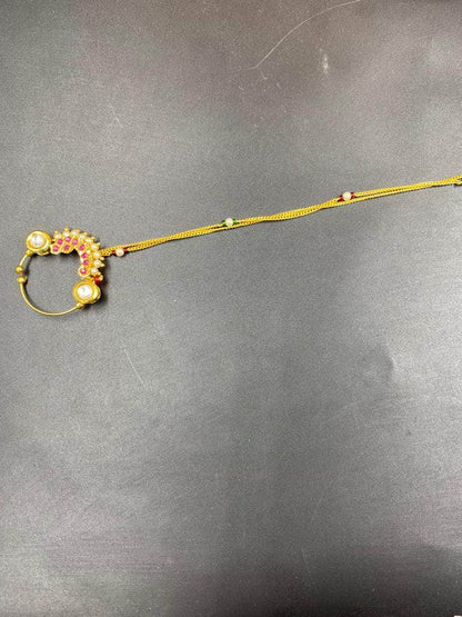 Zevar Nath Gold-Plated & White Kundan-Studded Pearl Beaded Chained Bridal Nose Pin By Zevar