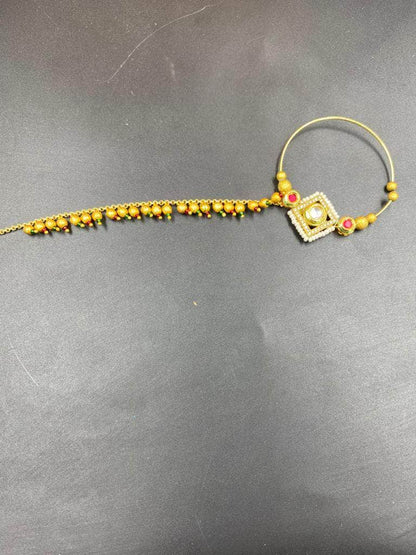 Zevar Nath Gold-Plated & White Kundan-Studded Pearl Beaded Chained Bridal Nose Pin By Zevar