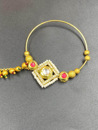 Zevar Nath Gold-Plated & White Kundan-Studded Pearl Beaded Chained Bridal Nose Pin By Zevar
