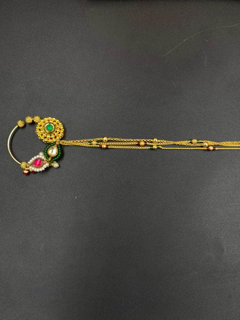 Zevar Nath Gold-Plated & White Kundan-Studded Pearl Beaded Chained Bridal Nose Pin By Zevar