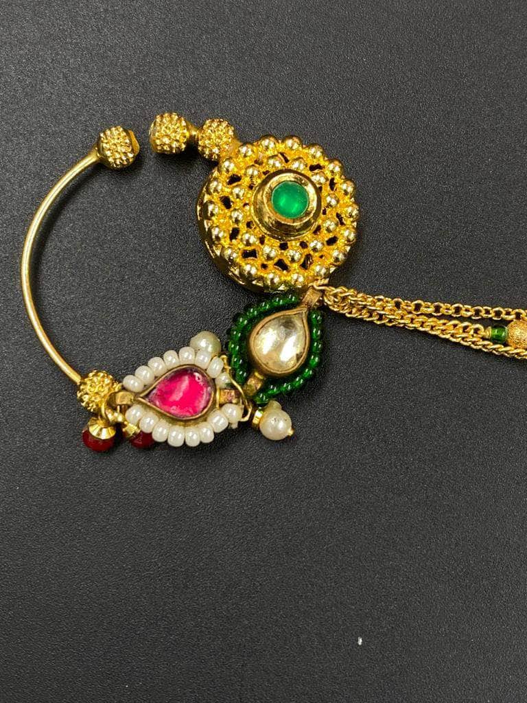 Nath Gold-Plated & White Kundan-Studded Pearl Beaded Chained Bridal Nose Pin By Zevar