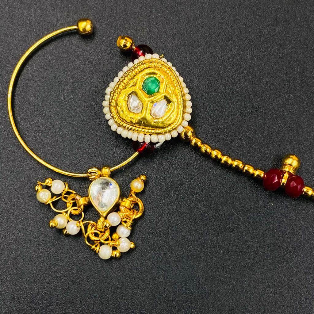 Zevar Nath Gold-Plated & White Kundan-Studded Pearl Beaded Chained Bridal Nose Pin By Zevar