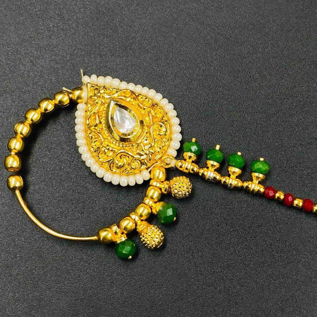 Zevar Nath Gold-Plated & White Kundan-Studded Pearl Beaded Chained Bridal Nose Pin By Zevar