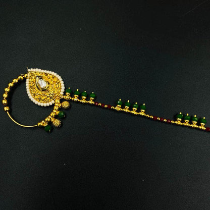 Zevar Nath Gold-Plated & White Kundan-Studded Pearl Beaded Chained Bridal Nose Pin By Zevar