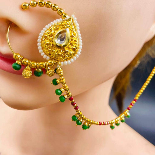 Zevar Nath Gold-Plated & White Kundan-Studded Pearl Beaded Chained Bridal Nose Pin By Zevar