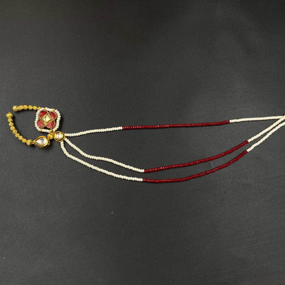 Zevar Nath Gold-Plated & White Kundan-Studded Pearl Beaded Chained Mehroon Bridal Nose Pin By Zevar